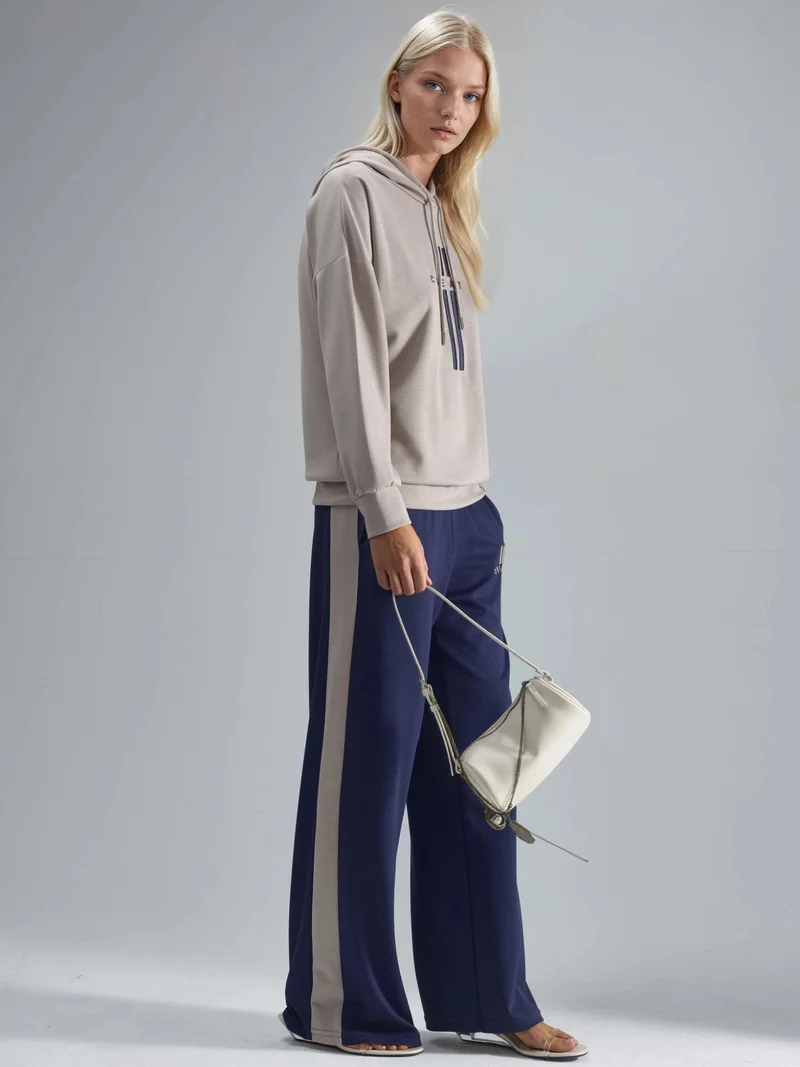 Hiccup Tan Natural Modal Touch Hooded Sweatshirt & Stripe Detailed Pants Set Bersan Collection for Women | Best Price UAE